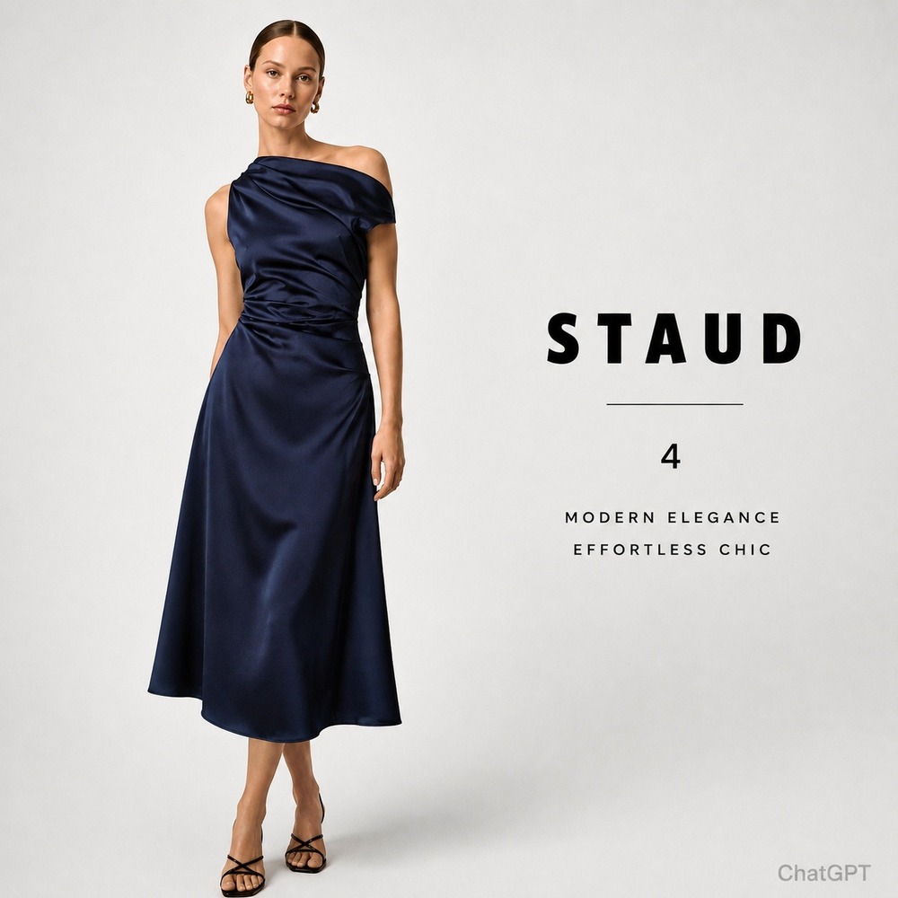 Staud Phare Silk Midi Dress Women 4 Navy Blue Draped Chic Designer NWT MSRP $695